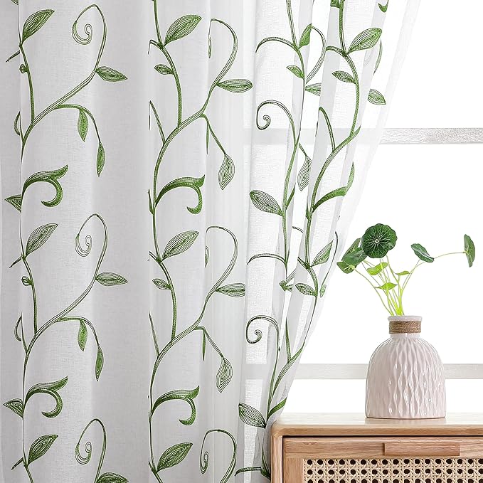 VISIONTEX Embroidered Green Sheer Voile Curtains, Leaves Embroidery Faux Linen Rod Pocket Window Drapes for Living Room and Girls Bedroom 54 x 95 Inch, Set of 2 Curtain Panels