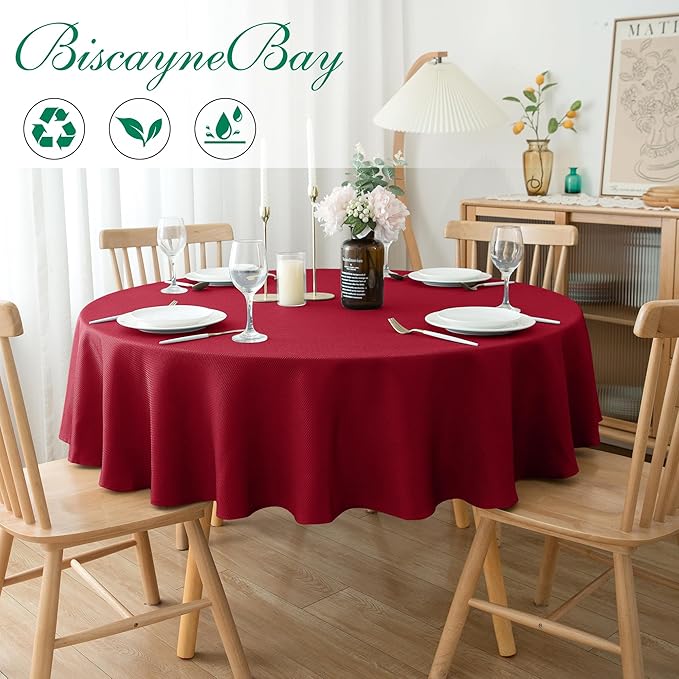 Biscaynebay 2 Pack Textured Fabric Round Tablecloths 60", Red Water Resistant Tableclothes Small Circle Folding Table Covers Linen for Dining, Kitchen, Wedding, Parties etc Machine Washable