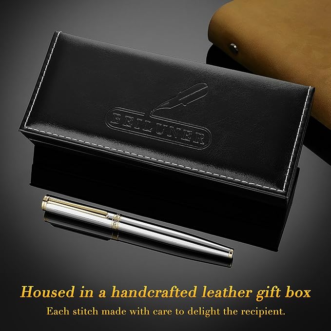 BEILUNER Silver Chrome Fountain Pen,Stunning Luxury with 24K Gold Accents, Gorgeous 24K Gilded Nib(Medium), Fancy Pen Gift for Men&Women -Ink Converter-Elegant, Office,Nice Pen for Writing