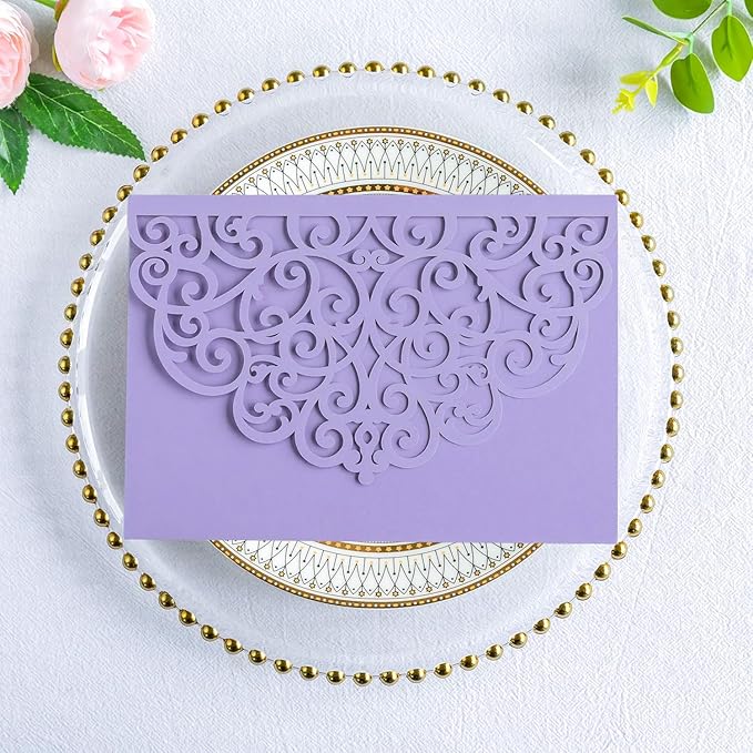 ponatia 20PCS Lilac Quinceanera Invitation Cards, Tri-Fold Laser Cut Wedding Invitations Pockets with Envelopes for 5x7 Wedding Invitation Crads, XV Anos, Baby Shower Party Invite