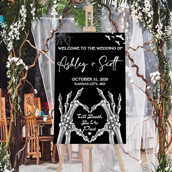 Gothic Halloween Wedding Welcome Sign, Til Death Do Us Part, 4mm Thick Plastic, 12"x18", Ground Stake