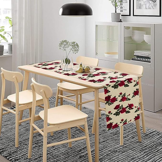 Vintage Rose Table Runner, Red Flowers Green Leaves Valentine's Day Table Runner for Kitchen Dinning Table Runner Decor Home Wedding Party Holiday, 13x90 Inch