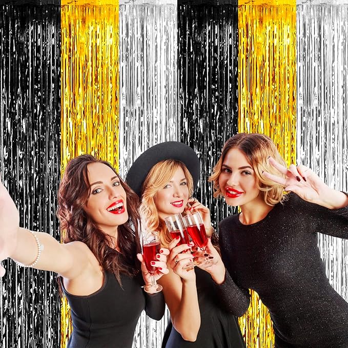4 Pack Black Gold Silver Foil Fringe Curtain Backdrop, 3.28Ft x 8.2Ft Metallic Tinsel Foil Fringe Streamers for Photo Booth, Wedding, Notorious One Birthday Roaring 20s Graduation Party Decoration