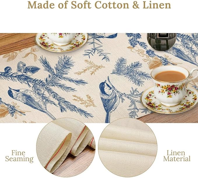 Floral Table Runner,Sketch Birds and Flowers Summer Table Runner Kitchen Dining Table Decoration for Home Party Decor 13x60 Inch