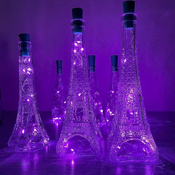 Wine Bottle Lights with Cork 15Pack 10 LED 40 Inches Battery Operated Silver Wire Liquor Fairy Mini String Lights for Party Christmas Halloween Wedding Decoration (Purple)