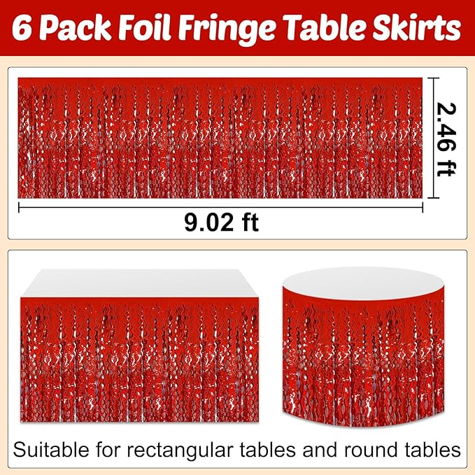 6 Pack 29x108 Inch Red Wave Foil Fringe Table Skirts Metallic Banner for Tinsel Streamer Garland Backdrop for Parade Floats Mother's, Graduate, Mardi Gras, Birthday, Wedding Party Decorations