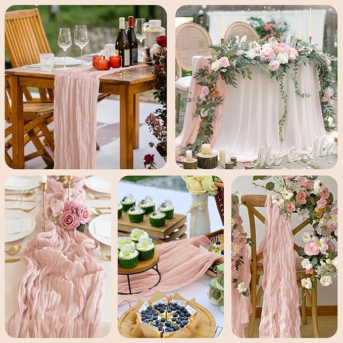 Asee'm 6PCS Table Runner Cheesecloth 10FT Dusty Pink Boho Gauze Fabric Rustic Sheer Cheese Cloth Runners for Wedding Bridal Shower Party