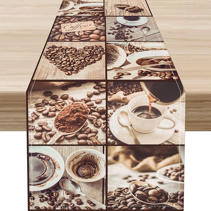 Coffee Theme Table Runner, Rustic Farmhouse Coffee Cup Latte Cappuccino Tea Party Cafe Table Center Decor for Home Kitchen Dining Patio Holiday Party Indoor Outdoor Table Decorations, 13"x72" Inch