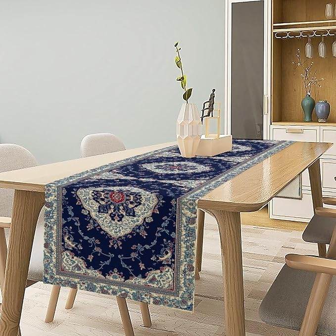 Elegant Palace Boho Blue Table Runner Vintage French Style Farmhouse Geometric Home Farmhouse Kitchen Table Dining Coffee Room Garden Party Wedding Decor 13x72in