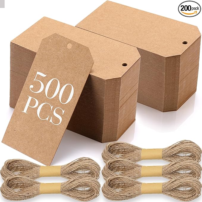 Gersoniel 200 Pcs Kraft Paper Gift Tags with String 4.7" x 2.4" Cardboard Price Tag Name Tag Vintage Wedding Birthday Hang Brown Tags with Twine Blank Gift Tag for Wedding Birthday Holiday Art & Craft