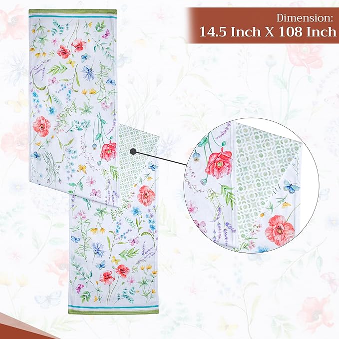 Maison d' Hermine Table Runner 100% Cotton Double Layer Table Runners 108 inches Long Decorative for Home Kitchen Dining Party Wedding Bridal Shower Spring Summer (Just Floral, 14.50" x 108")