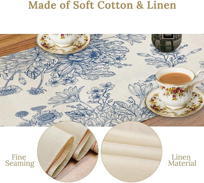 Chinoiserie Flower Table Runner, Seasonal Spring Fall Plants Blue Florals Dinner Runner for Home Kitchen Dining Table Party Holiday Decoration 13"x36"