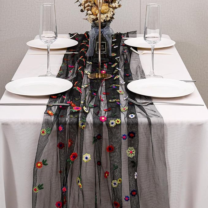 BINBE 6pcs Black Daisy Fall Table Runner Embroidery Gauze 10FT Florals Seasonal Tulle Holiday Birthday Kitchen Dining Table Decor for Home Party