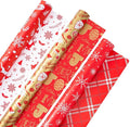 Christmas Gift Wrapping Paper Rolls,3 Rolls 17inches x 198inches Reversible Gift Wrapping Paper, Red Gold White Wrapping Paper, Snowflakes, Stripes, Plaid, Santa hat, Christmas decorations