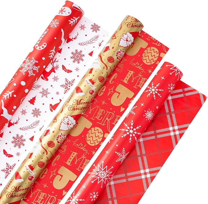 Christmas Gift Wrapping Paper Rolls,3 Rolls 17inches x 198inches Reversible Gift Wrapping Paper, Red Gold White Wrapping Paper, Snowflakes, Stripes, Plaid, Santa hat, Christmas decorations