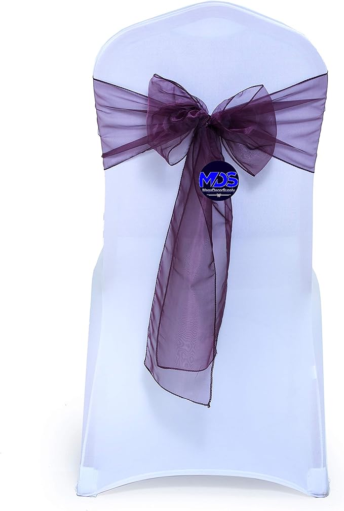 MDS Pack of 10 PCS Organza Chair Sashes Wider Dining Chair Bows Ribbon Tie Back for Wedding Party Birthday Bridal Shower Reception Event Banquet Home Chair Cover Decoration - Plum