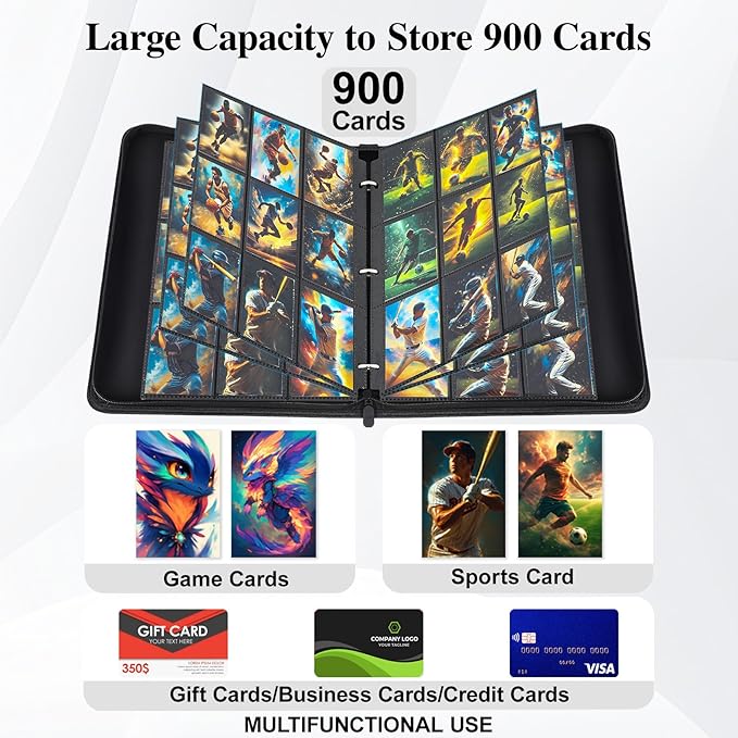 Trading Card Binder 9 Pocket with Display Window, 900 Cards Capacity Card Binder, Waterproof PU Leather Photocard Baseball Card Binder for MTG, TCG, Sports Cards, Black w/Clear Display Window