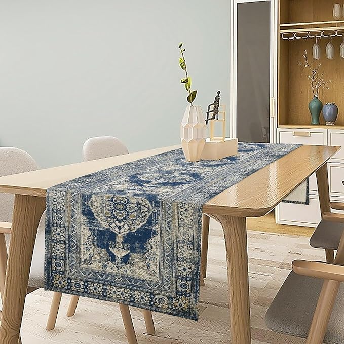 Vintage Boho Floral Table Runner, Rustic Country Farmhouse Blue Teal Retro Flower Pattern for Home Kitchen Table Decor Dining Coffee Room Party Decor 13x108in