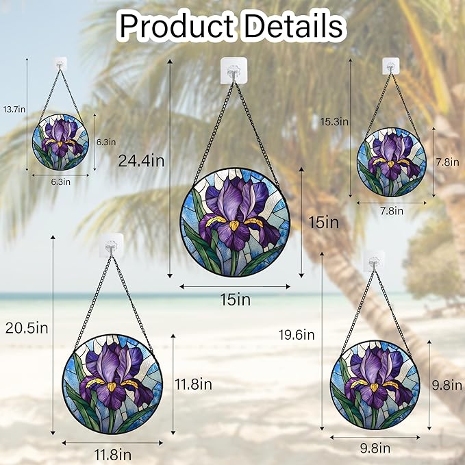 Stained Glass Window Hanging - Iris Birth Flower Suncatcher for Doors Garden Yard Purple Blue Sun Catchers Decor Christmas Mother's Day Birthday Gifts for Teacher Women Mom Nana 6.3 in