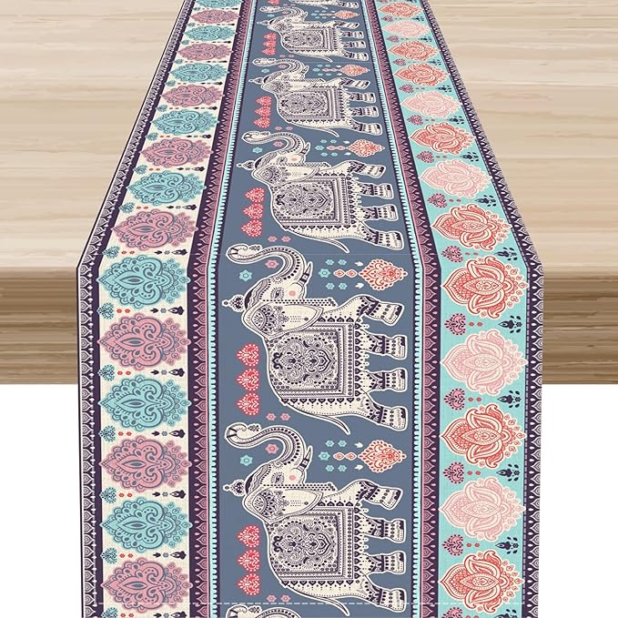 Boho Table Runner, Indian Bohemian Elephant Mandala Paisley Floral Hippie Art Print Table Center Decor for Home Kitchen Dining Patio Holiday Party Indoor Outdoor Table Decorations, 13"x108" Inch