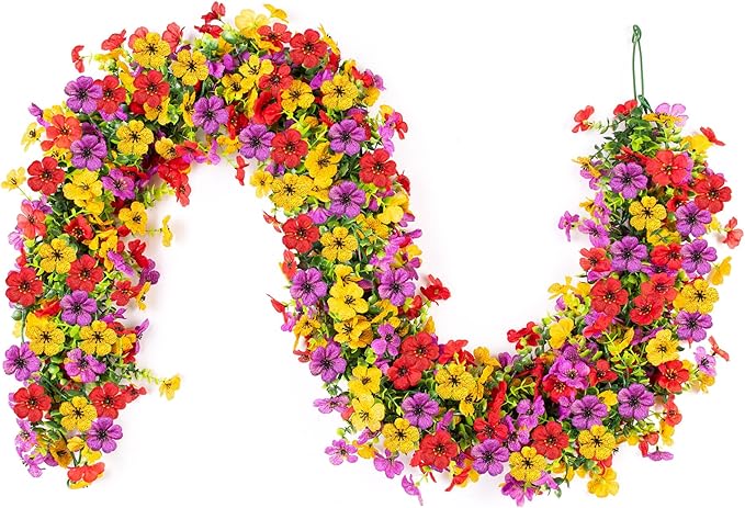 Artificial Flowers Garland Ivy, 4 Pack 5.9 FT Fall Decor UV Resistant Fake Mums Floral Vine Silk Daisy Hanging Flower for Home Garden Wedding Decor Photo Booth Backdrop(Red Purple Yellow)