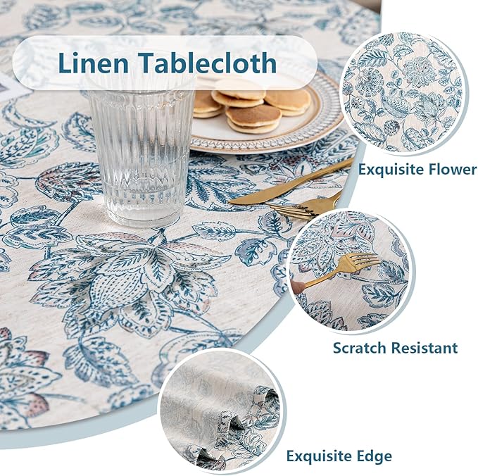 MYSKY HOME Waterproof Tablecloth Rectangle 60x102 Inch Rustic Burlap Tablecloth Spring Floral Linen Table Cover Farmhouse Decoration Rectangle/Oblong for Holiday, Dinner, Indoor and Outdoor Use, Blue