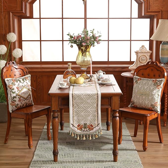 patdrea Designer Elegant French Floral Velvet Table Runner 71 Inch Long, Green with Orange Blossoms Pattern Table Mat, Decor for Kitchen Dining Coffee Table Cabinet Banquet Thanksgiving,12"*71"