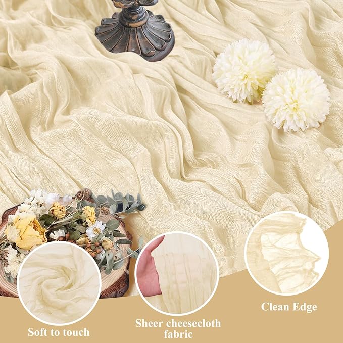 Asee'm Cheesecloth Table Runner 120 Inches Long Beige Boho Gauze Cheese Cloth Runner 10FT Rustic Sheer Fall Table Runners for Thanksgiving Christmas Wedding Party Baby Shower Decoration