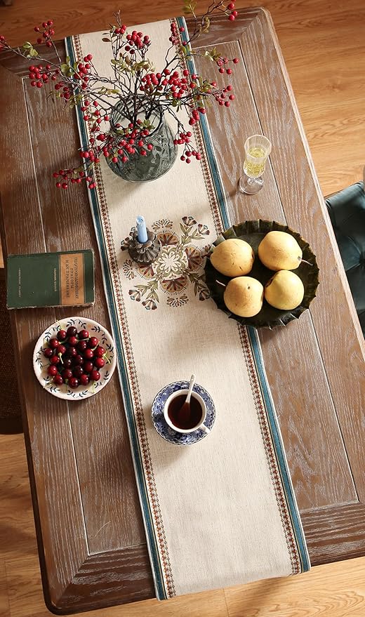 patdrea Designer Beige Farmhouse Geometric Patterned Extra Long,Wrinkle Resistant Linen Table Runner 118 Inch Long,Decoration for Kitchen Dining and Coffee Tables Banquet Christmas , 12"x118"