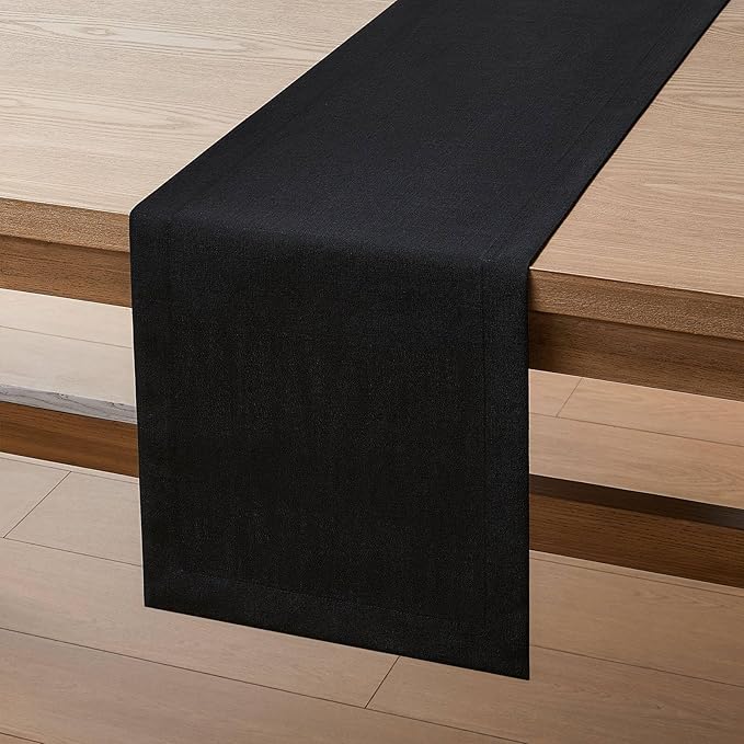 ZeeMart Linen Textured Border Table Runner, 14 x 90 Inch Black, Farmhouse Style Black Table Runners 90 Inches Long, Easy Care Everyday Polyester Table Runner