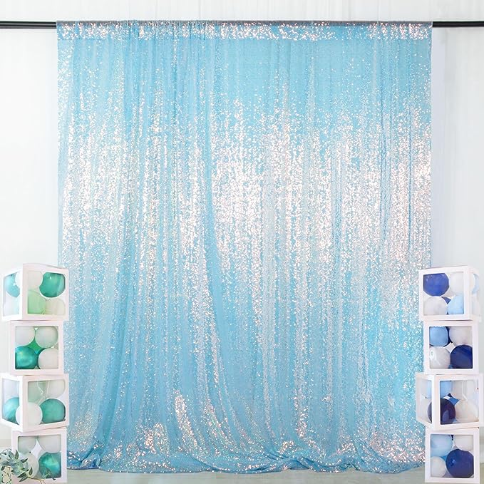 ShinyBeauty Aqua Photo Backdrop 8FTx10FT Sequin Curtain Sparkle Drapes Iridescent Blue Mermaid Fabric Backdrops for Photograph, Birthday, Wedding Background