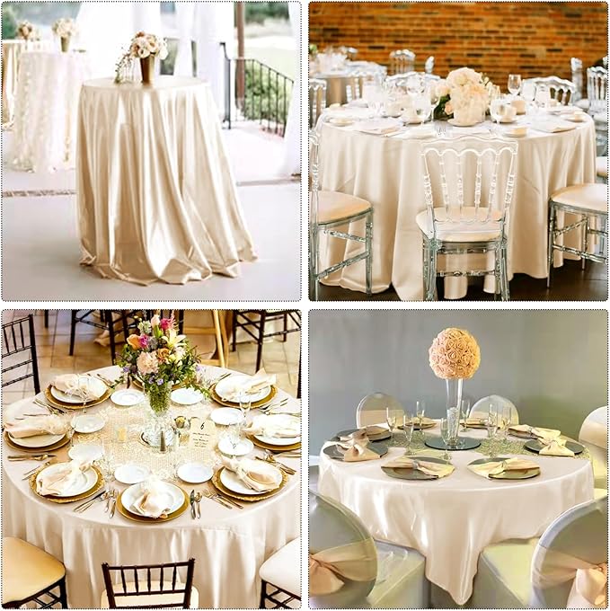 12 Pack 120 Inch Champagne Satin Tablecloth - Premium Bright Silky Round Tablecloth Overlay Smooth Fabric Table Cover, Table Decoration for Wedding Party Banquet Events Restaurant Kitchen Dining