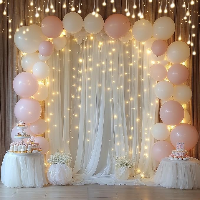 Tulle Backdrop Curtain with Lights String 30 X 10FT Ivory Sheer Tulle Backdrop Curtains for Wedding Birthday Party Reception Photo Booth Background Decorations (6 Panels 5x10FT)