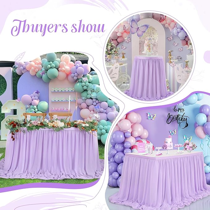 QueenDream Lavender Chiffon Table Skirt 6ft for Rectangle Tables Purple Mermaid Table Skirting for Wedding Birthday Butterfly Party Baby Shower