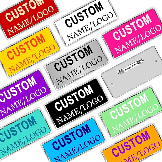 Custom Name Tags ID Badges with Logo Name Personalized Name Badges Name Tag ID Badges with Pin Backing Customizable Name Badges for Business Offices Stores Restaurant, 1.5x2.8 in, 20PCS