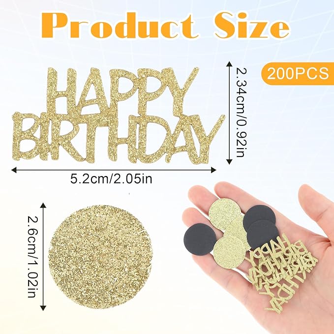 200Pcs Happy Birthday Confetti, Gold Black Birthday Confetti for Table, Metallic Foil Balloon Confettis Scatter Decoration for Party DIY Art Craft