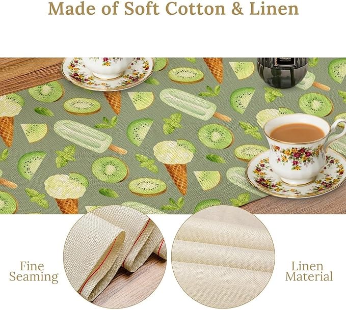 Summer Ice Cream Popsicles Table Runner, Watercolor Green Kiwi Seasonal Fruit Sweet Dessert Dinner Runner for Party Holiday Home Kitchen Dining Table Decor 13"x70"