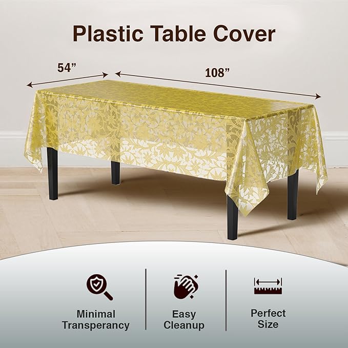 Exquisite Lace Table Cloth Rectangle Table Plastic 12-Pack Lace Tablecloth Rectangular 54" X 108" | Clear & Gold Floral Tablecloth Disposable | Wild Flower Party Decorations & Party Supplies