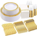 WELLIFE 350Pcs Gold Dinnerware Sets, Plates and Napkins Party Supplies Include:50 Dinner Plates, 50 Dessert Plates, 50 Paper Napkins, 50 Cups, 50 Gold Plastic Cutlery Set