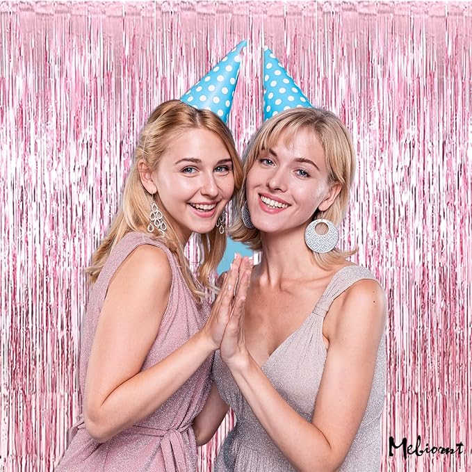 4 Pack Pink Fringe Curtain Backdrop, 3.2Ft x 6.6Ft Metallic Tinsel Foil Fringe Streamers Background for Photo Booth Birthday Wedding Baby Shower Carnival Easter Mother’s Day Party Decorations