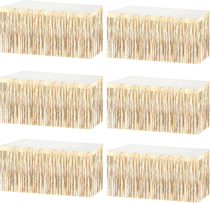 6 Pack 29x108 Inch Metallic Foil Fringe Tinsel Table Skirts Banner for Rectangle Tables Streamer Garland Backdrop for Wedding, Birthday, Parade Floats, Halloween Party Decoration(New Champagne Gold)