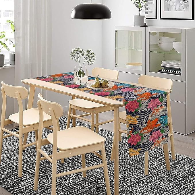 Japanese Retro Flowers Table Runner Oriental Tradition Kio Fish Art Printed Burlap Runner Home Kitchen Dining Table Living Room Decor Fabric 1 Panel W13xL108in