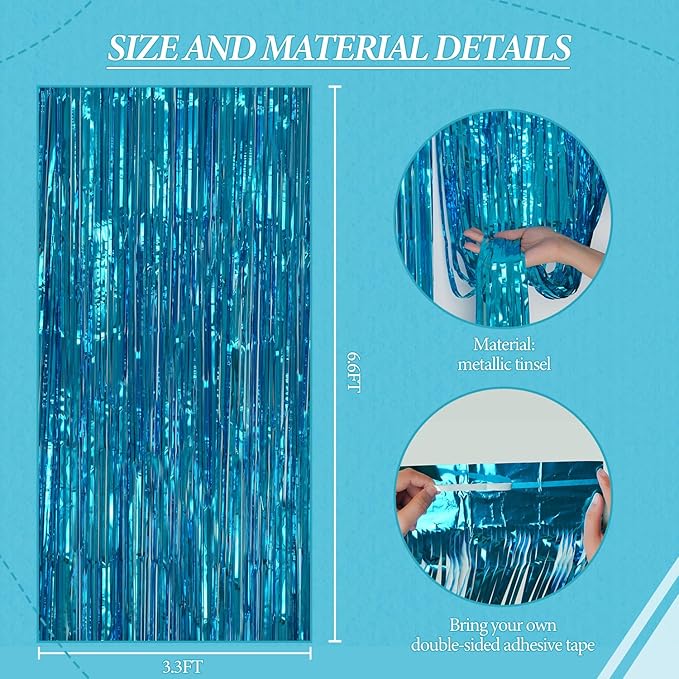 3 Pack Foil Fringe Backdrop - Blue Shiny Tinsel Curtains for Party Decoration/Photo Booth Props - 3.3x8.2 FT Metallic Foil Backdrop for Birthday, Wedding, Graduation, Christmas.