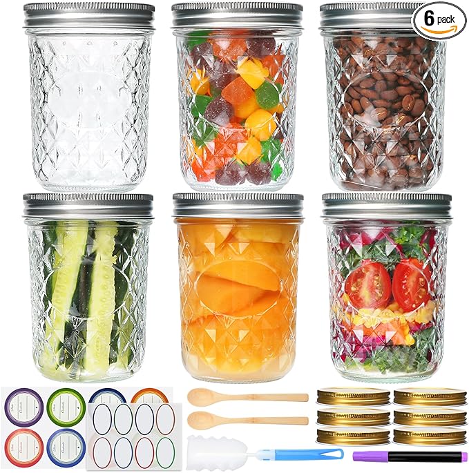 Mason Jars 16oz,Canning Jars with Metal Airtight Lids and Bands,Wide Mouth Mason Jars Ideal for Spice, Jam, Honey, Jelly, Yogurt, overnight oats,Meal Prep, Wedding Favors,6Pack