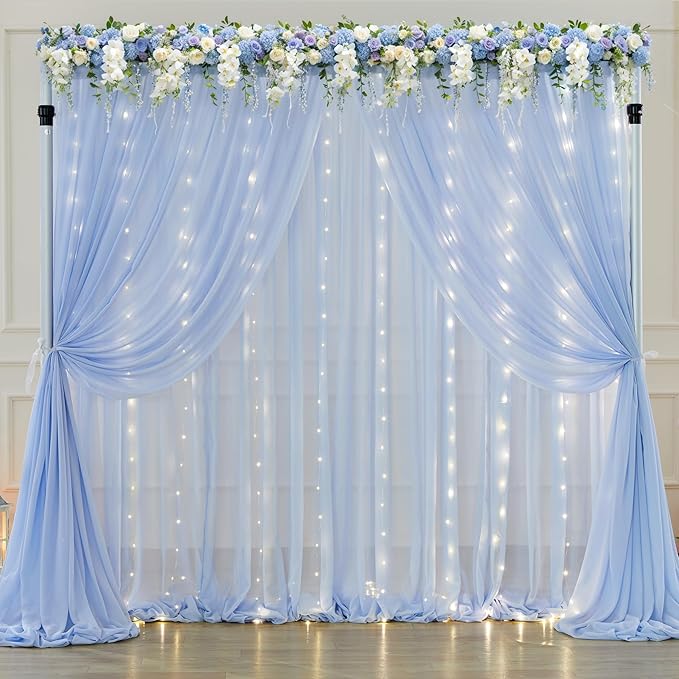 10ft x 7ft Baby Blue Chiffon Backdrop Curtain with Lights String for Parites Wedding Light Blue Curtain Photo Backdrop Drapes for Baby Shower Birthday Party Home Decorations