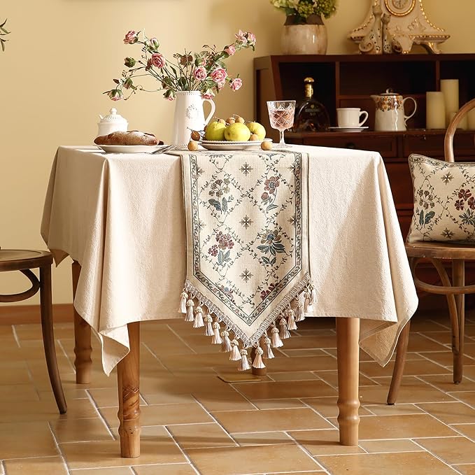 patdrea Designer Vintage Floral Linen Extra Long Table Runner 118 Inch Long,Beige Cottage Rustic Bouquets Pattern Table Mat,Decor for Kitchen Dining Coffee Table Cabinet Thanksgiving,12"*118"