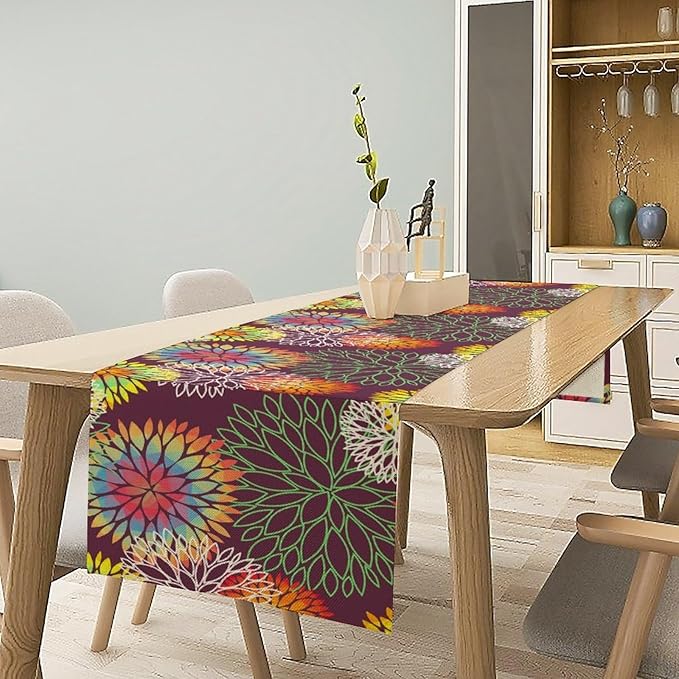 Brown Dahlia Flower Table Runner, Linen Geometric Pattern Floral Table Decor Spring Farmhouse Decorations for Kitchen Dining Holiday Party Decor, 13x120 Inch