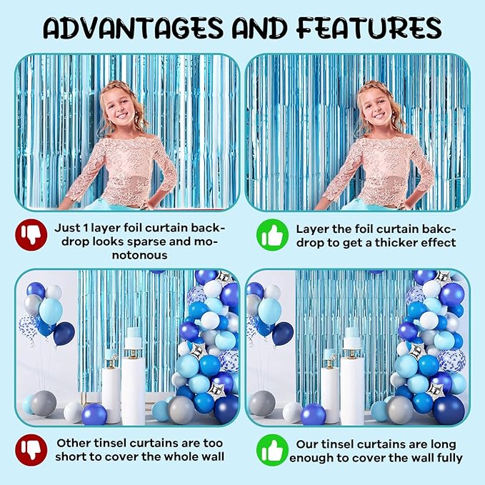 2 Pack 3.3x8.2 Feet Light Blue Foil Fringe Backdrop Curtains, Tinsel Streamers Birthday Party Decorations, Fringe Backdrop for Graduation, Baby Shower, Gender Reveal, Disco Party