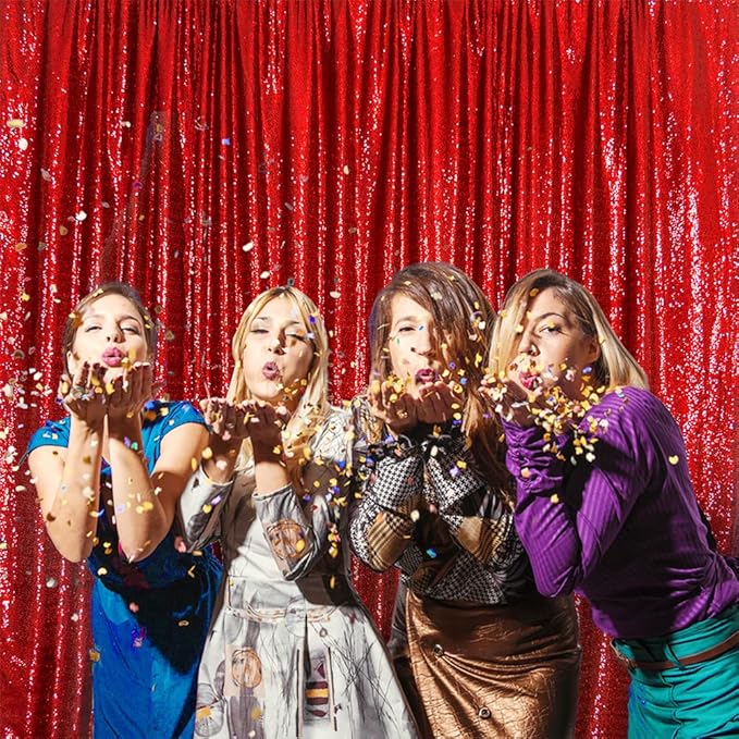 SquarePie Sequin Backdrop Less Transparent Background Sparkly Curtain for Wedding Christmas Party 6FT x 6FT Red