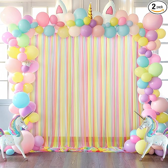 Rainbow Tulle Backdrop Curtain for Birthday Party Decorations 10ft x 10ft Sheer Backdrop Curtains for Unicorn Birthday Baby Shower Girls Photo Shoot Decorations 2 Panels 5ft x 10ft
